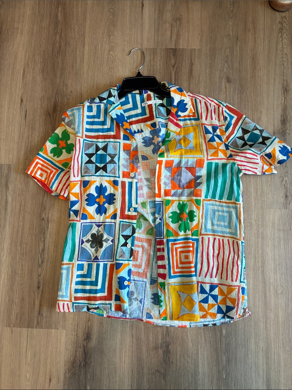 Zara Multicolor Patchwork Print Short Sleeve Button-Down Shirt